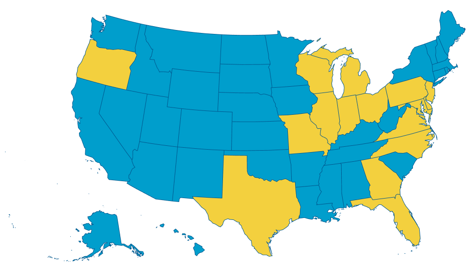 Map of the United States with covered states highlighted in yellow.