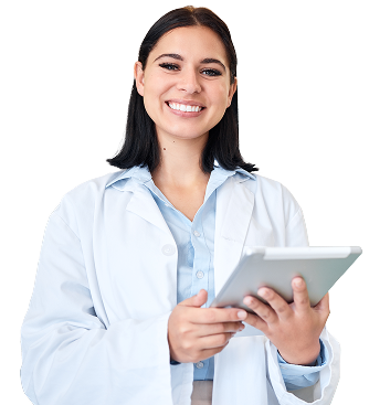 Female physician holding a tablet and smiling at the camera.