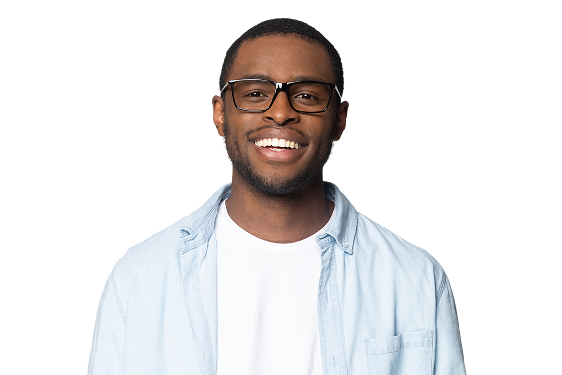Man with glasses smiling at the camera.